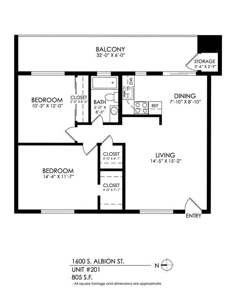 Floor plan for 2 beds, 1 bath, 825 sqft